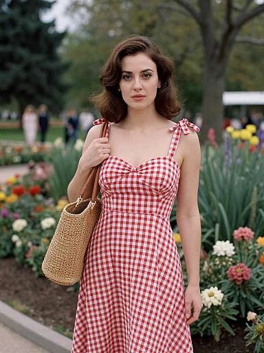 Photograph of a fair-skinned woman with wavy brown hair in a red and white checkered dress, holding a woven bag, standing in a