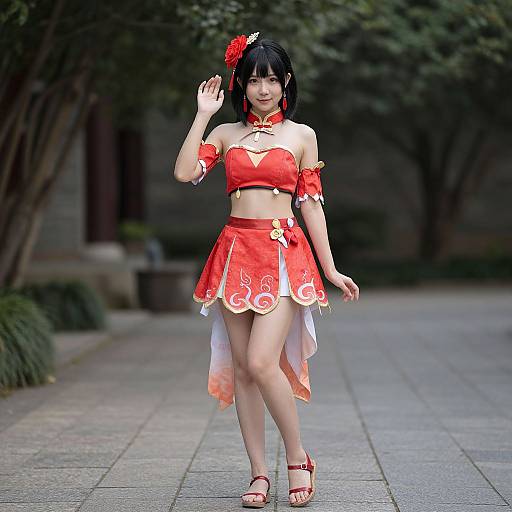 Asian woman in red and white cosplay outfit with floral accessories, black hair, and red sandals, walking on a paved path.