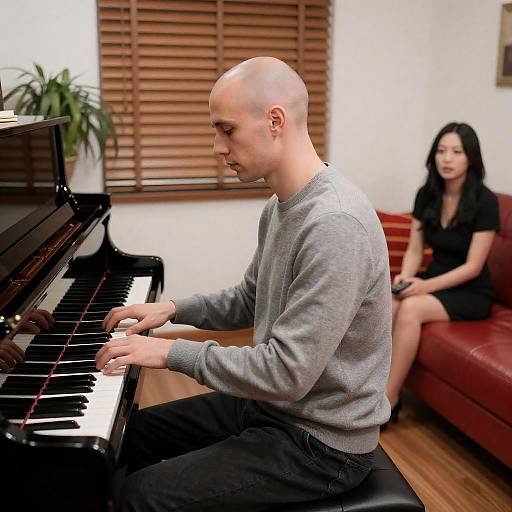 Bald Man at Grand Piano, Woman Relaxing