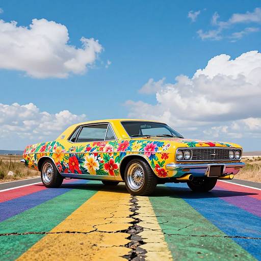 Vibrant Retro Car on Surreal Road