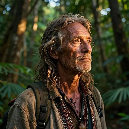 Photograph of a rugged, middle-aged man with long, wavy gray hair and beard, wearing a worn, patterned shirt, standing in a