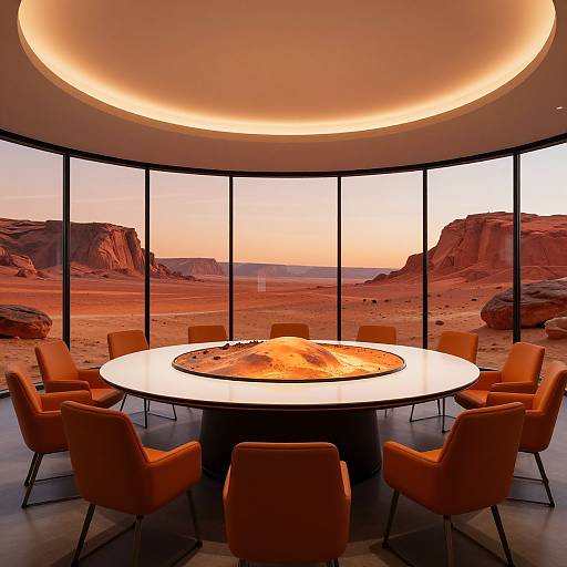 Modern desert conference room with circular table, orange chairs, illuminated ceiling, and large floor-to-ceiling windows showcasing red rock landscape.
