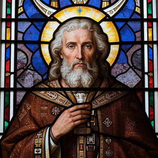 Photograph of a stained glass window depicting an elderly, white-haired, bearded man with a halo, wearing a detailed, brown religious robe.
