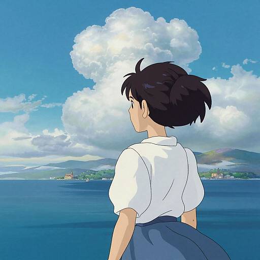 Ghibli-Style Young Woman by Sea