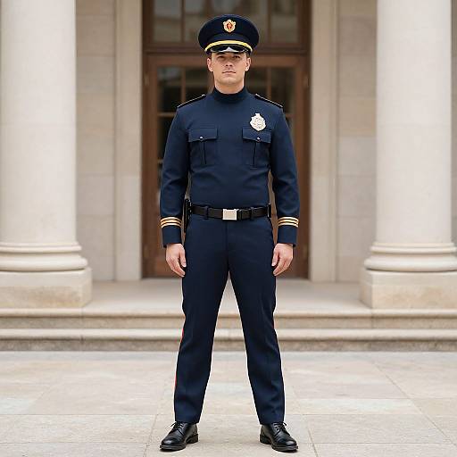 Photograph of a young, white male police officer in full uniform, standing straight in front of a stone building with columns.