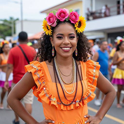 Photograph of a smiling Black woman with curly hair, wearing an orange ruffle top, flower crown, and bead necklaces, standing in a colorful