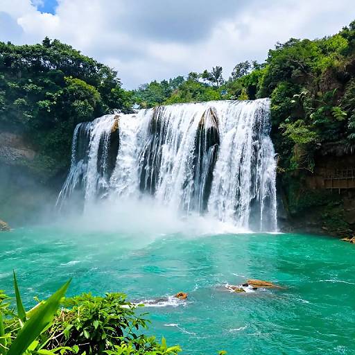 Vivid Turquoise Waterfall Over Rugged Cliffs
