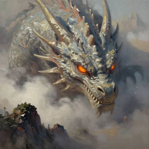 Digital painting of a fierce, silver-scaled dragon with glowing orange eyes and sharp horns, looming over a misty, mountainous landscape.