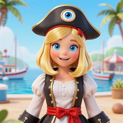Digital CGI image of a cute blonde girl with blue eyes, wearing a black pirate hat, white blouse, and black vest with red bow, standing on