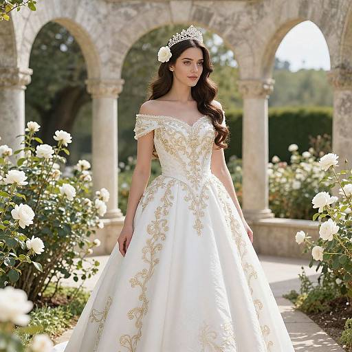 Photograph of a beautiful brunette woman in an off-shoulder, white, gold-embroidered ball gown, wearing a tiara, standing