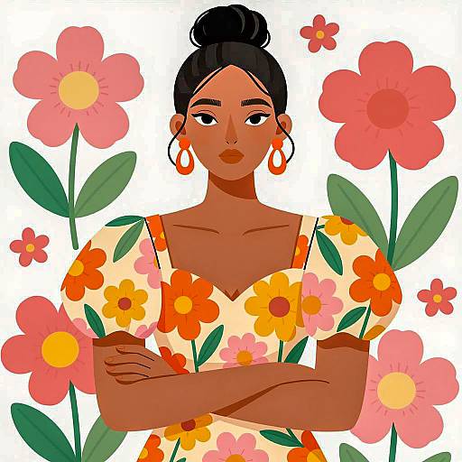 Illustration of Woman in Floral Dress with Crossed Arms
