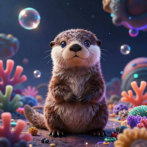 Cute Alien Otter on Surreal Neon Coral Planet