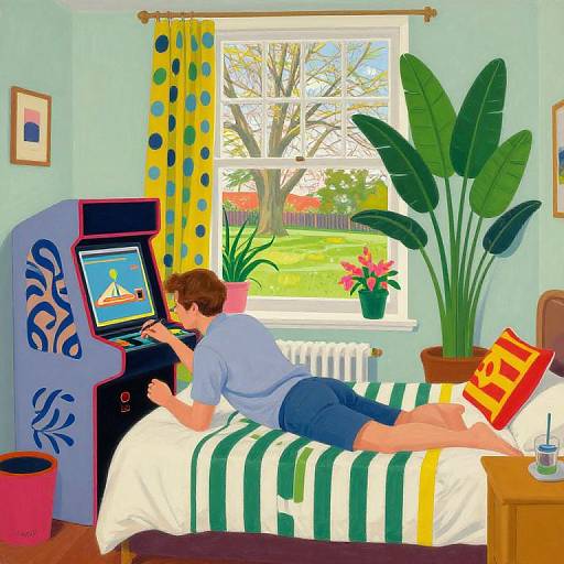 Colorful digital artwork of a boy in blue shirt and shorts playing arcade game on bed, bright window, large plant, polka dot curtains.
