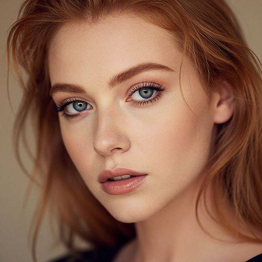 Close-up photograph of a fair-skinned, red-haired woman with striking blue eyes, subtle makeup, and parted lips, against a plain background.