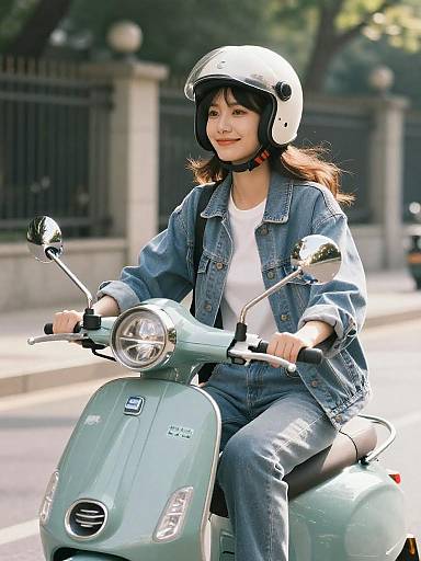 Young woman riding vintage scooter in city