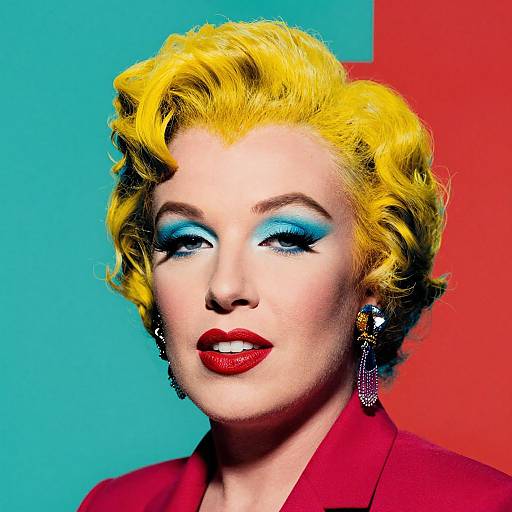 Photograph of a woman with vibrant yellow hair, blue eyeshadow, red lipstick, red suit, and star-shaped earrings against colorful background.