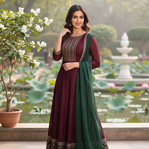 Photograph of a smiling Indian woman with dark hair, wearing a maroon traditional dress with green scarf, standing in a lush garden with a pond and