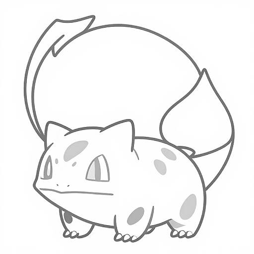Digital line drawing of a cute, chibi-style Bulbasaur with large, curved tail, small feet, and simple, round features. Monochrome