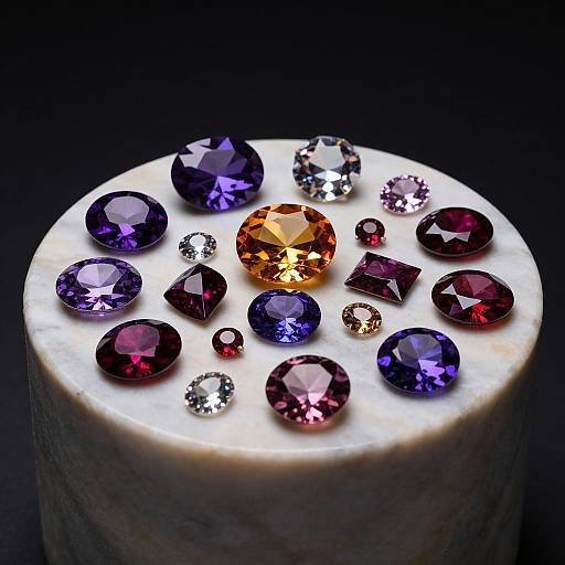Photograph of colorful gemstones on a white marble slab: purple, red, orange, and clear diamonds in various shapes and sizes.