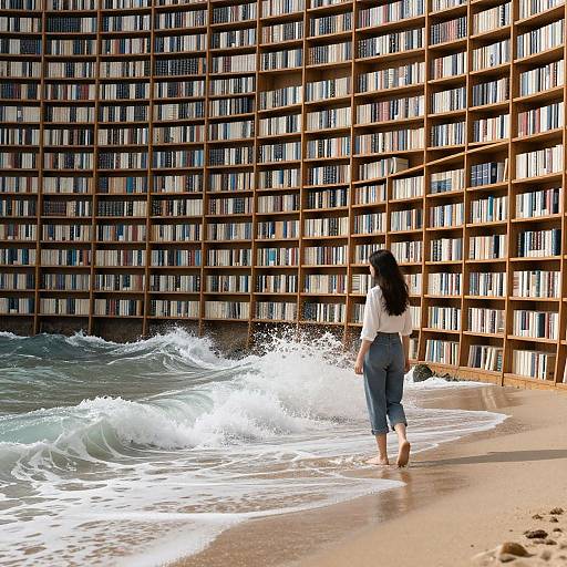 Photograph of a woman with long black hair, wearing a white top and blue pants, walking on a sandy beach with waves crashing, in front of