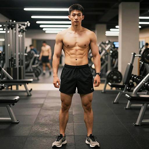 Photograph of a muscular, shirtless Asian man in black shorts and sneakers, standing in a modern, well-lit gym with various exercise equipment in