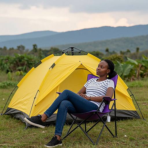 Photograph of a Black woman with braided hair, wearing a white striped shirt and blue jeans, sitting in a purple camping chair in front of a