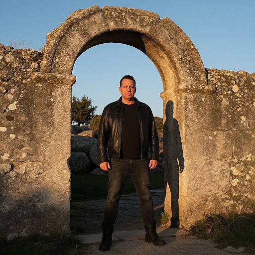 Photograph of a man in a black leather jacket and jeans standing in front of a sunlit, ancient stone archway, with a shadow of himself