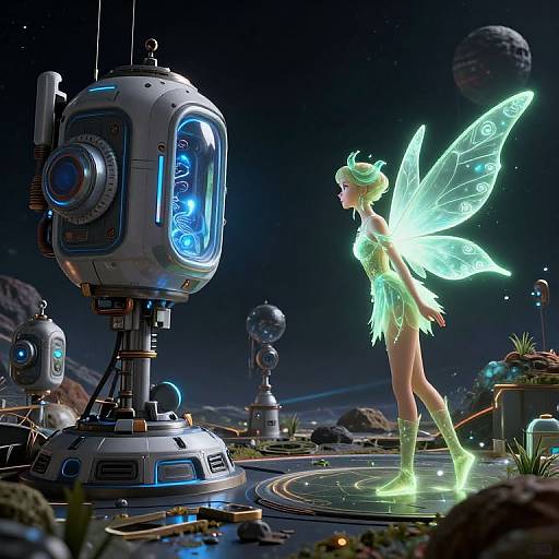 CGI fantasy scene: glowing fairy with translucent wings stands beside a futuristic blue-lit robot in a starry, rocky sci-fi landscape.