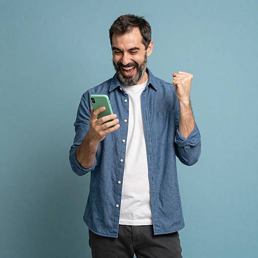 Joyful Middle-Aged Man with Smartphone