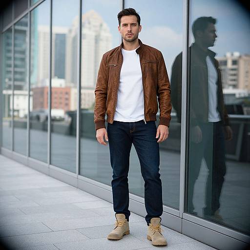 Photograph of a handsome, bearded man with short dark hair, wearing a brown leather jacket, white t-shirt, dark jeans, and tan boots