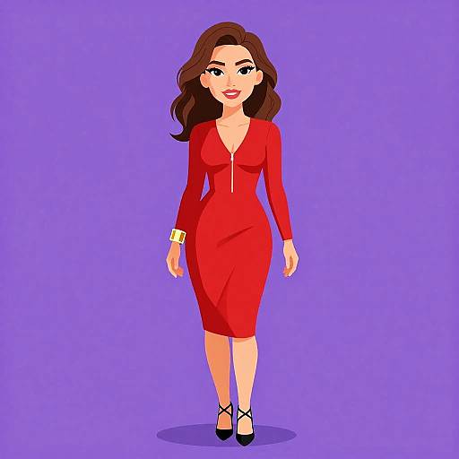 Digital illustration of a confident woman with wavy brown hair, wearing a red long-sleeve dress, black heels, and gold bracelet, walking against