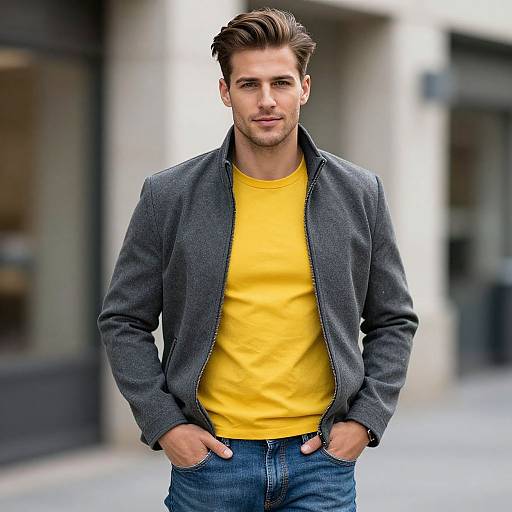 Photograph of a handsome, light-skinned man with brown hair, wearing a yellow shirt, gray blazer, and blue jeans, standing confidently with