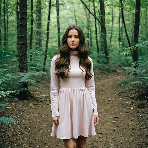 Young Woman in Pink Dress in Forest