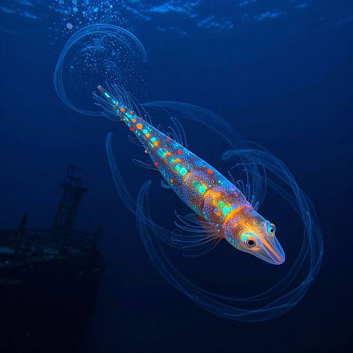 Vibrant, bioluminescent fish with orange and blue spots swimming in deep blue ocean water, surrounded by glowing circular light trails. Photograph.