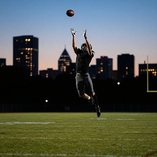 Photograph of a male football player in mid-air, catching a ball against a city skyline at dusk, wearing black uniform.