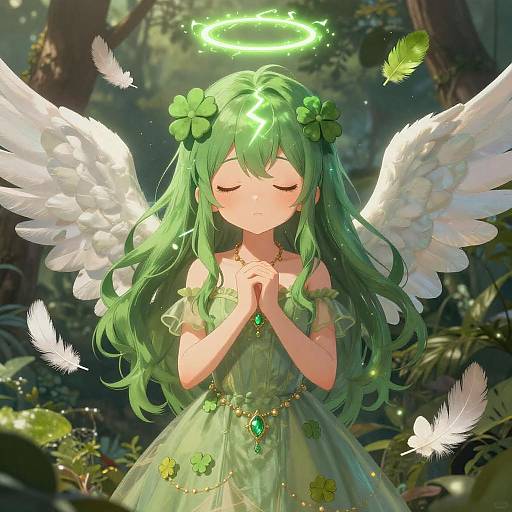 Digital anime-style drawing of a green-haired angel with white wings, clover hair ornaments, glowing halo, and green dress in a forest. Hands clas