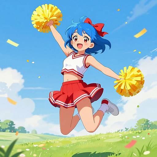 Digital anime-style drawing of a blue-haired cheerleader with red bow, white crop top, red skirt, and yellow pom-poms, jumping joyfully