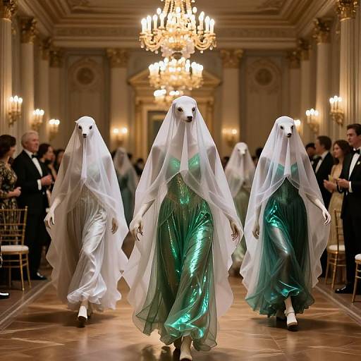 Photograph of three ghostly figures in shimmering green dresses with white veils, marching in an opulent, chandelier-lit ballroom.