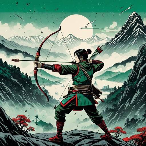 Ukiyo-e Archer in Futuristic Mountain Pass