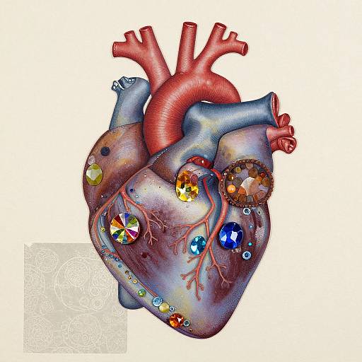 Digital illustration of a human heart with colorful gemstones embedded in its surface, vibrant red arteries, and blue veins, set against a white background.