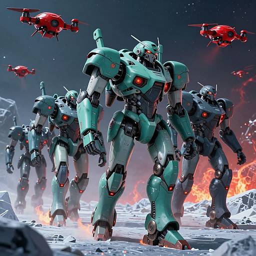 CGI image of four teal and black robotic mechs with glowing red eyes, standing on snowy battlefield, surrounded by red helicopters and fiery explosions.