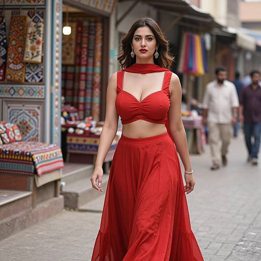 Photograph of a confident woman with medium skin tone and dark hair, wearing a red, sleeveless, crop top and flowing skirt, walking down a
