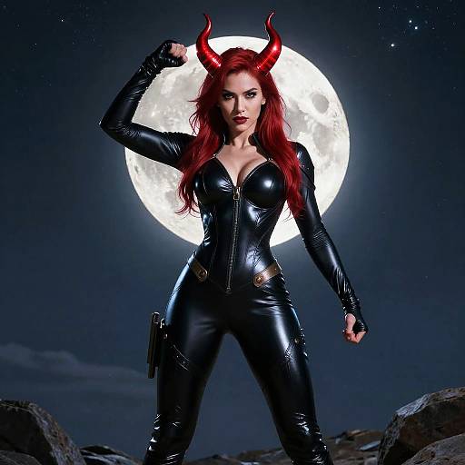 Photograph-style digital art of a red-haired woman with red horns, black latex suit, and gun holster, standing confidently under a full moon.