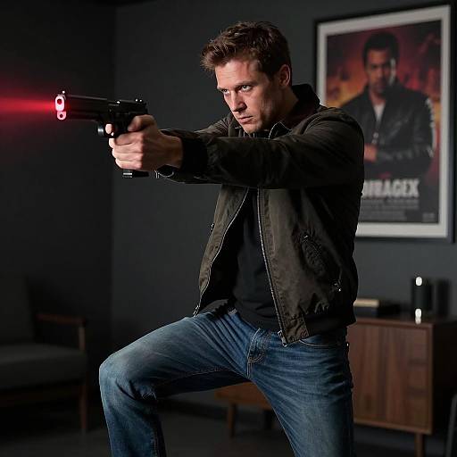 Man Aiming Handgun with Red Laser Sight