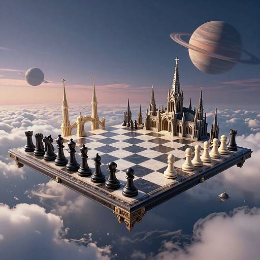 Surreal Floating Chessboard Above Clouds