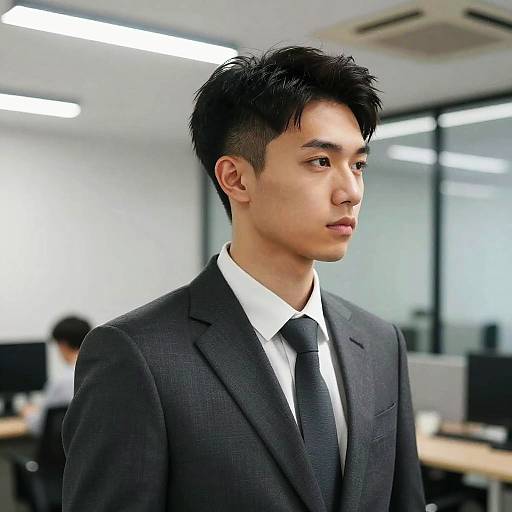 Photograph of an Asian man with short black hair, wearing a black suit, white shirt, and black tie, standing in a modern, brightly lit