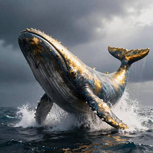 Brass Clockwork Whale Breaching Stormy Ocean