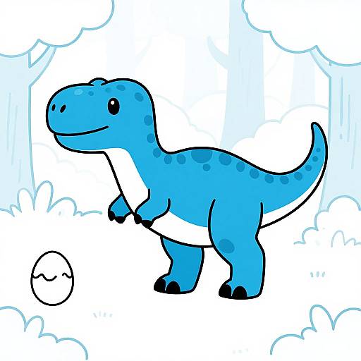 Cute digital drawing of a blue, cartoon-style, smiling dinosaur with black spots, standing on two legs, holding a white egg-shaped object. Background