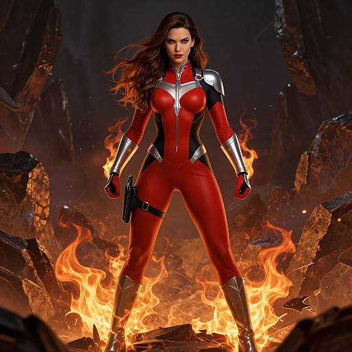 Digital art of a fierce, brunette woman in a red and black armored suit, standing amid fiery rocks, holding a gun.