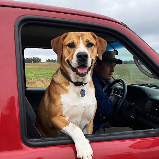 Friendly Dog in Red Truck with Man Driving